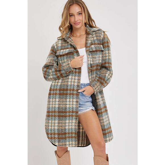 Sweet Lovely By Jen PLAID COAT SHACKET Teal Brown - Picture 1 of 7